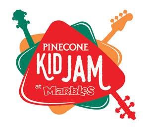 PineCone Kid Jam at Marbles logo - overlapping red, green and orange pick-shaped triangles with one instrument neck sticking out from each pick.